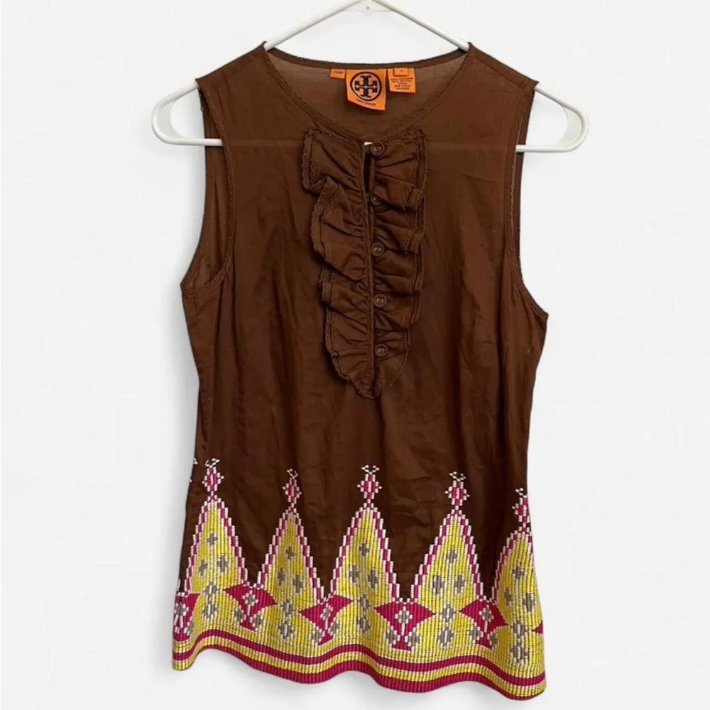 Tory Burch Brown Sleeveless Ruffle-Front Tank with Pink Yellow Embroidery Size 4